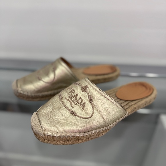 Prada Logo Embroidered Gold Slippers Mules (sz 36) - Picture 1 of 12
